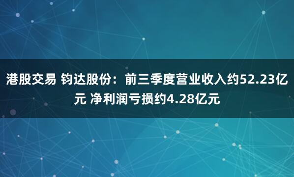 港股交易 钧达股份：前三季度营业收入约52.23亿元 净利润亏损约4.28亿元
